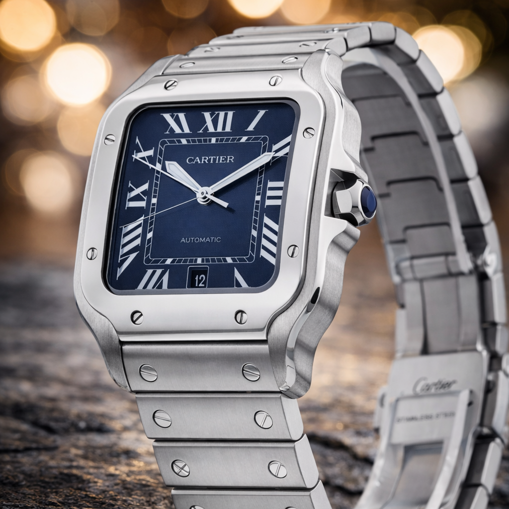 Silver Cartier Santos watch on a dark surface with blurred lights in the background