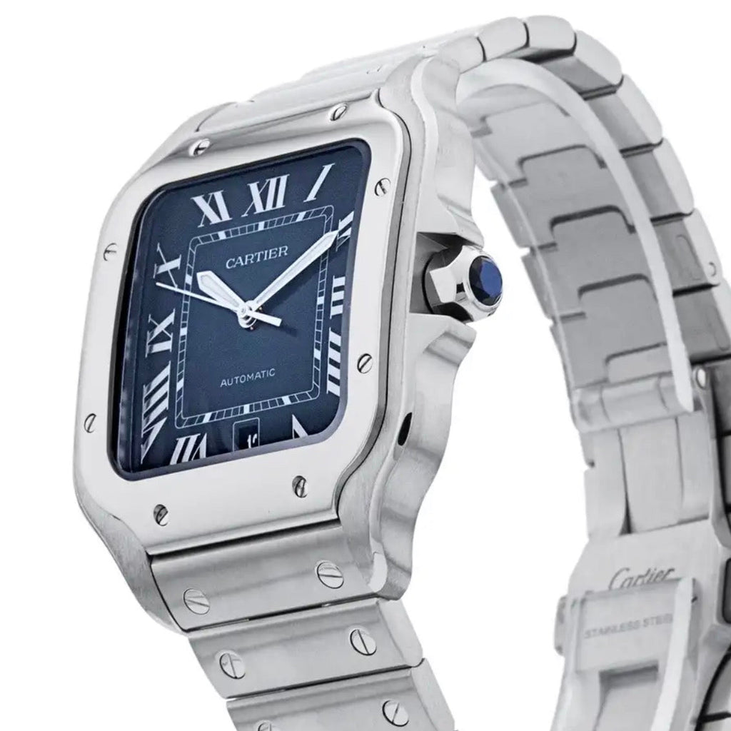Silver Cartier watch with blue dial on a white background