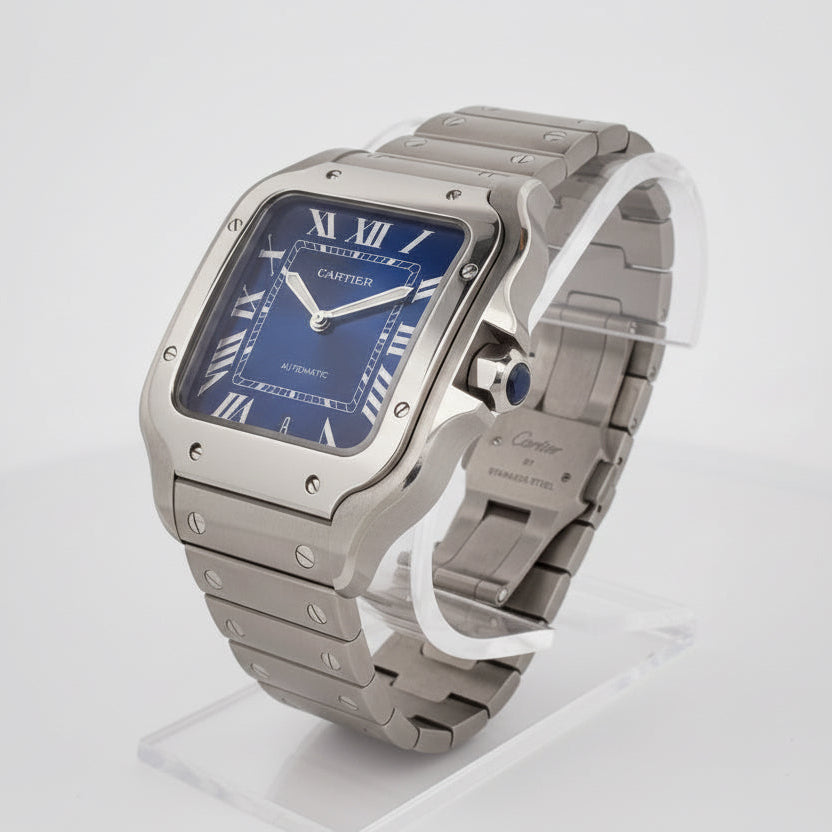 Silver Cartier Santos watch with a detailed face on a white background